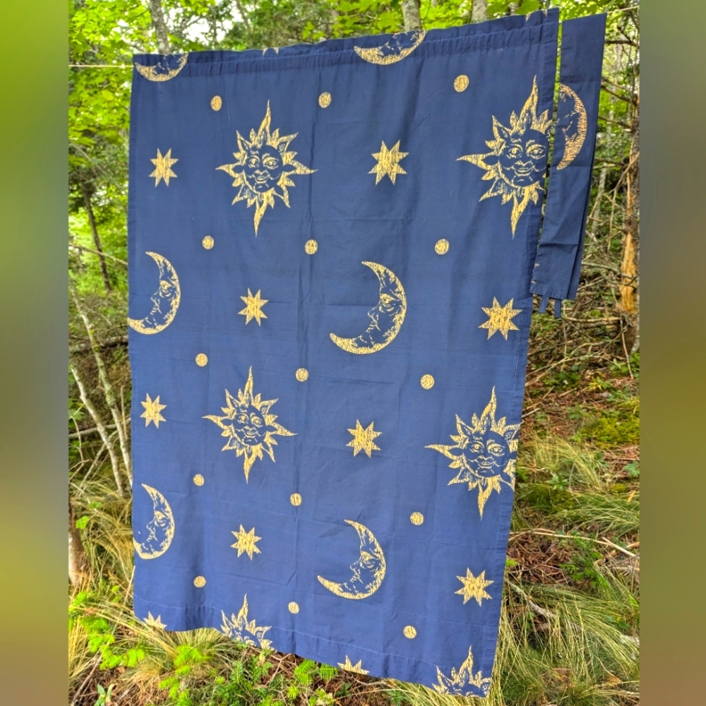 VINTAGE 90s Whimsigoth Celestial Sun Moon Stars Curtain Panel and Tie Back
